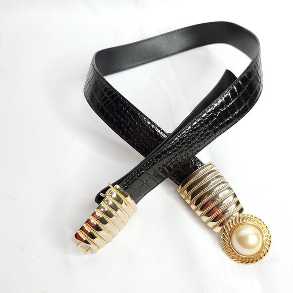 Womens Dress Waist Belt Black Gold Bow Faux Pearl Reptile Texture Adjustable OS - Picture 3 of 4